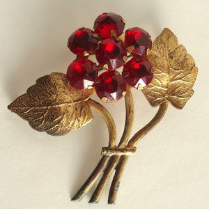 30s 40s Early Rhinestone Brooch Red Flowers Vintage